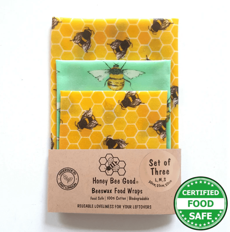 Honey Bee Good Food wraps Classic Set Of 3  Beeswax Food Wraps- Set Large, Medium, Small- Bee Design